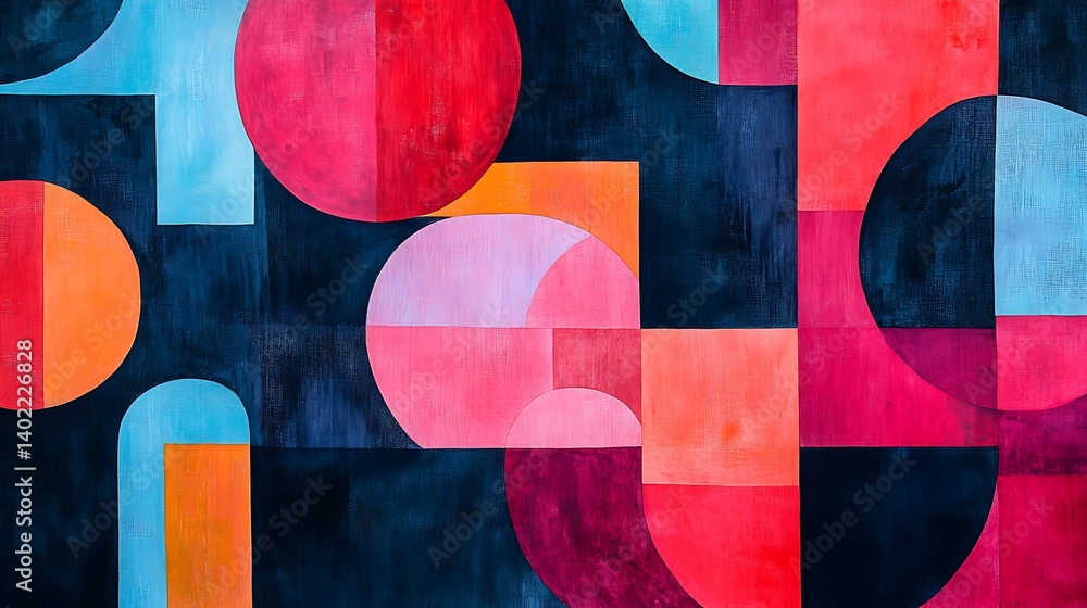 Poster abstract geometric shapes in vibrant colors create a dynamic visual experience on a dark background