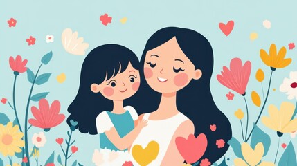 A heartwarming illustration captures the essence of Mother's Day.  Beautiful flowers.