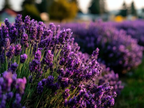 Beautiful lavender flowers in a serene field at sunset