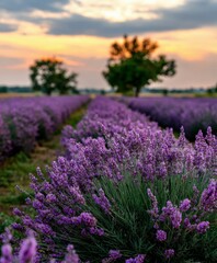 Obraz premium Lavender fields bloom under vibrant sunset colors