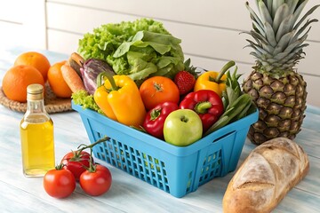 Fresh Produce Basket with Lettuce, Bell Peppers, Oranges, Tomatoes, Apples, Bread, and Pineapple in Bright Natural Light