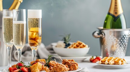 Elegant outdoor brunch setting with two champagne glasses, a chilled champagne bottle in an ice bucket, and a gourmet plate of fried chicken and waffles under soft natural sunlight with festive 