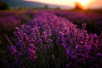 Obraz premium Lavenders bloom amid a vibrant sunset landscape