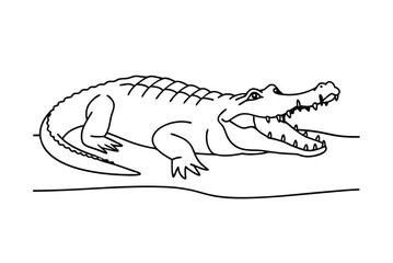 Simple Line Art Illustration Of An Alligator With Open Mouth Lying Down