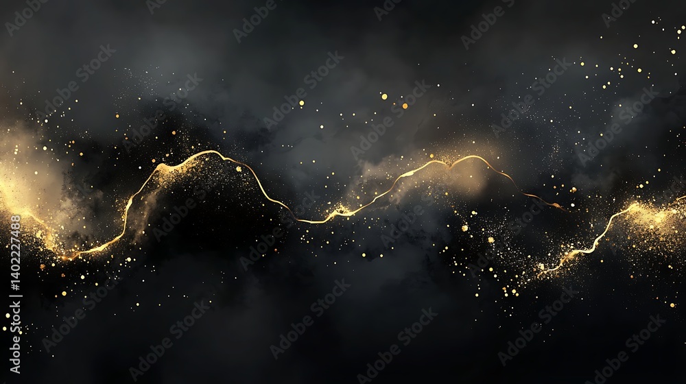 Poster abstract golden wave pattern on a dark background, creating a mystical atmosphere with sparkles