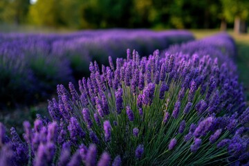 Obraz premium Vibrant lavender field during golden hour in spring