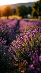 Obraz premium Lavender fields in bloom during golden hour