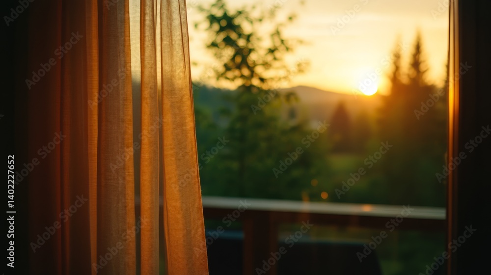 Poster A sheer curtain dances gently with a soft breeze in front of an open window, revealing a tranquil countryside glowing under the warmth of the setting sun