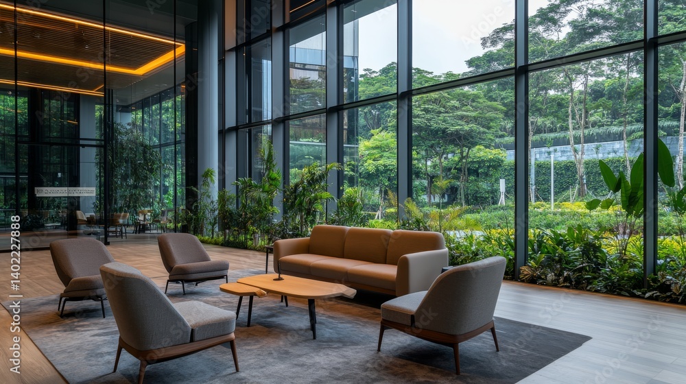 Aufkleber Bright and airy waiting area showcases a grey sofa and stylish chairs against a backdrop of a serene garden visible through expansive glass walls