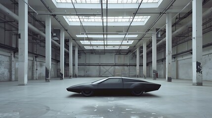 Futuristic matte black concept car with angular design parked in a spacious, minimalistic industrial warehouse featuring high ceilings, exposed pipes, and large skylights casting natural light.
