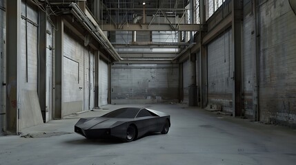 Futuristic matte black concept car with angular design parked in a spacious, minimalistic industrial warehouse featuring high ceilings, exposed pipes, and large skylights casting natural light.
