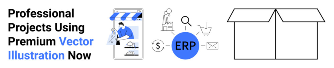 Online shopping, ERP tools, box, storefront, cart icon, payment sign, and email symbol. Ideal for e-commerce, ERP logistics customer management shopping operations flat landing page banner