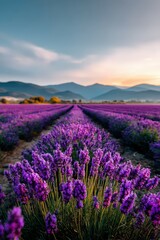 Obraz premium Lavender fields bloom under a golden sunset sky