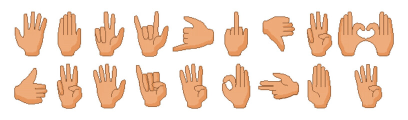 Pixel art icon. Hand cursor game. Finger cool. Thumb up. Like expression. Rock gesture. Okay or love heart. Retro peace emoticon. Arcade arm sign. Cartoon 8 bits. Vector vintage garish web symbols set