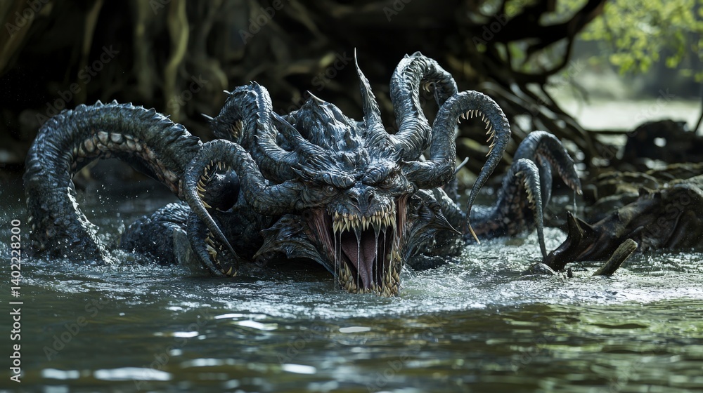 Poster hero battles multi-headed hydra in a swamp during an epic fantasy scene