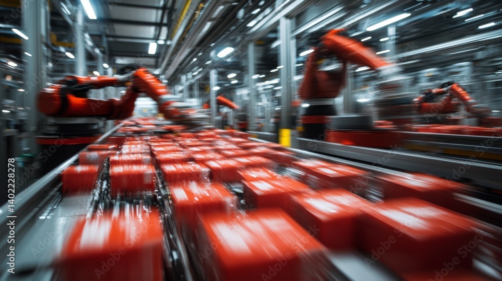 Poster Robotic arms operate seamlessly in an automated packaging line, swiftly placing items into boxes, showcasing advanced manufacturing technology in real-time