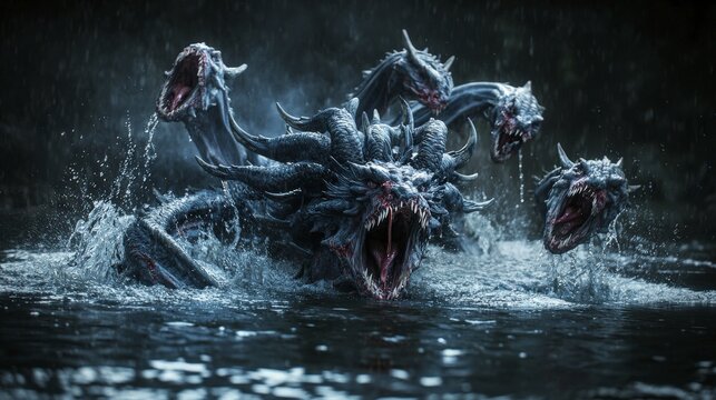 Hero battles hydra in dramatic water clash mythical fantasy scene dark environment captivating viewpoint