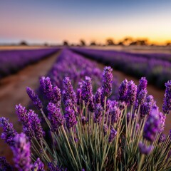 Obraz premium Lavender fields at sunset offer serene beauty