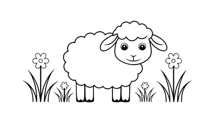 Cute Cartoon Sheep In A Field Of Flowers Black And White Illustration For Coloring Books