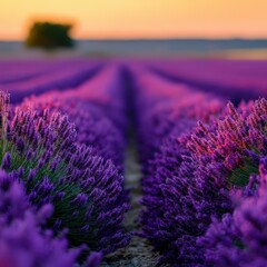 Fototapeta premium Lavender fields bloom under the warm sunset sky