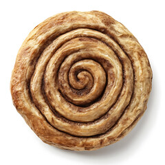 Fototapeta premium Soft and fluffy cinnamon roll with a slightly golden crust and visible swirls of cinnamon filling, isolated white background, modern art style