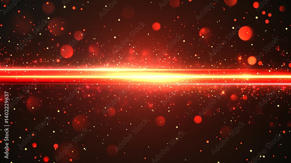 Poster abstract red laser beam cutting through a dark background filled with glowing particles and bokeh ef