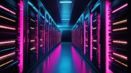 Cryptocurrency mining rigs in a data center room. Graphics cards GPU in mining farm or 3d render. Neon server room for cryptocurrency mining. Cryptocurrency farm and blockchain technology concept 