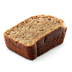 Soft and moist banana bread slice with a slightly cracked top and dense crumb, isolated white background, hyperrealism art style