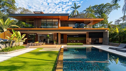 Modern luxury house with glass walls and wooden paneling, featuring a spacious patio, poolside seating, rooftop terrace, lush landscaping, and vibrant greenery under a clear blue sky on a sunny day.

