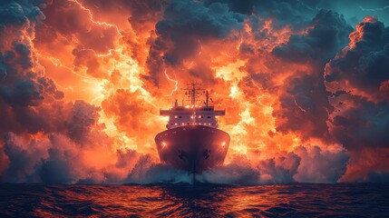 Fototapeta premium Dramatic Stormy Sea with Ship Navigating Through Fiery Clouds