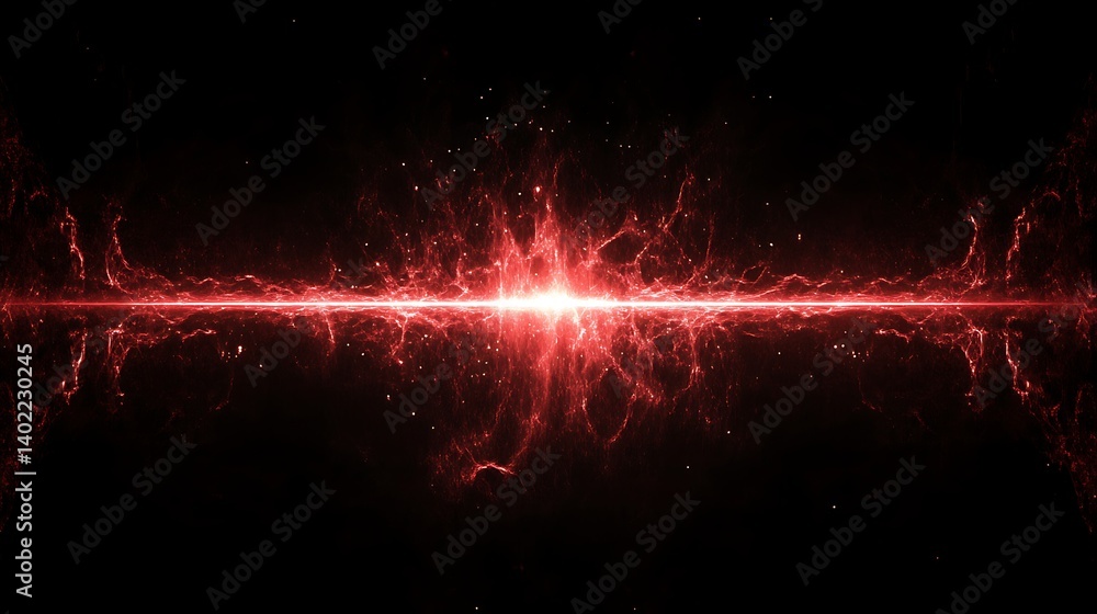Poster abstract red lightning burst emanating from the center against a black background, creating a dramat