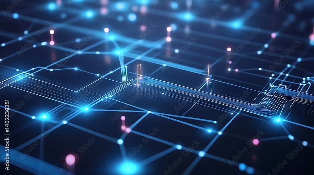 Poster abstract representation of a digital circuit board with glowing connections and nodes, showcasing te