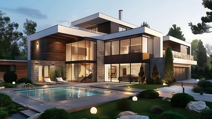 A stunning modern luxury villa with sleek architecture, expansive glass walls, lush green landscaping, poolside lounge area, stylish furniture, and a parked sports car, set in a peaceful natural 