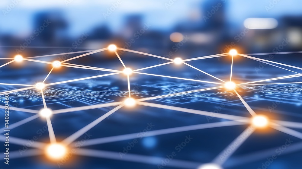 Poster abstract representation of a digital network with glowing nodes over a blurred urban skyline backgro