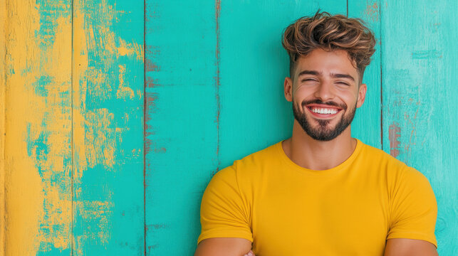 A man with a playful grin and raised eyebrows poses against a solid background in this high-fidelity image.