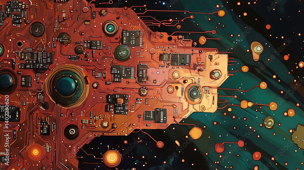 Poster abstract representation of a futuristic circuit board with vibrant colors and cosmic elements