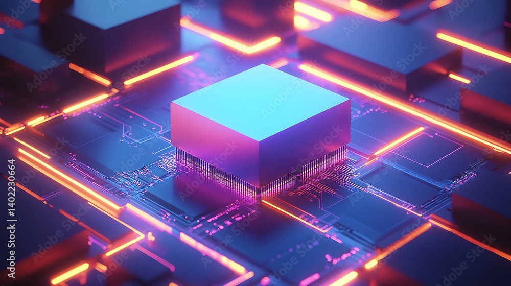 Aufkleber abstract representation of a glowing microchip surrounded by illuminated circuitry in a digital envi