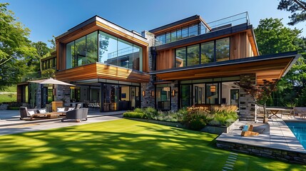 Modern luxury house with glass walls and wooden paneling, featuring a spacious patio, poolside seating, rooftop terrace, lush landscaping, and vibrant greenery under a clear blue sky on a sunny day.

