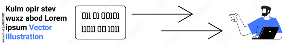 Aufkleber binary digits transferring through arrows to a person holding a laptop, indicating data flow and int