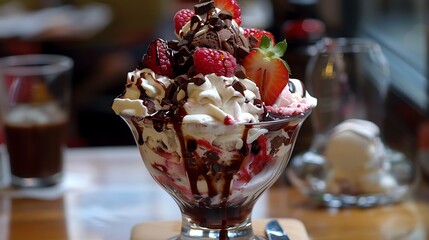 Delicious and colorful ice cream sundae served in a large glass bowl with scoops of chocolate, vanilla, strawberry, whipped cream, syrup, raspberries, and crunchy toppings, perfect for dessert lovers.
