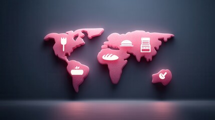 A stylized world map in pink, featuring food icons that represent various cuisines from different regions.
