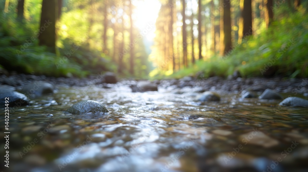 Poster Sunlight filters through a dense jungle canopy, illuminating lush greenery and a gentle stream that flows over smooth stones, creating a tranquil atmosphere