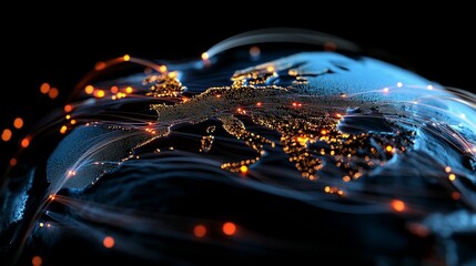 Glowing lines connecting Europe on a dark blue 3D earth model.