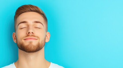 Fototapeta premium A serene portrait of a man with closed eyes, conveying a peaceful expression and tranquility.
