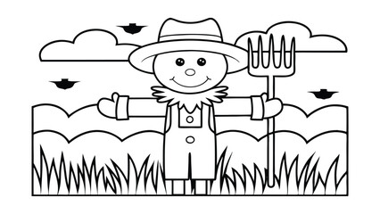 Outline Scarecrow In A Field Illustration Featuring Birds Clouds And A Pitchfork For Coloring Books