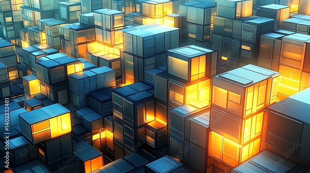 Poster abstract representation of illuminated cubes in a digital landscape, creating a vibrant, futuristic 