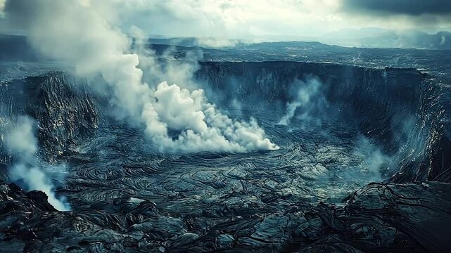 Volcanic crater with steam and solidified lava