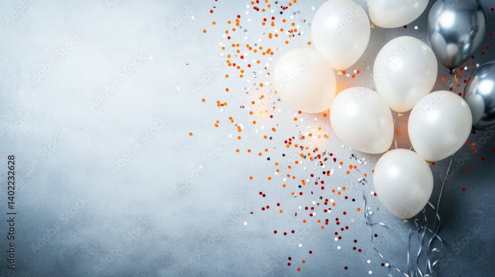 Poster silver and white balloons gather with sparkling confetti against a light gray backdrop, creating a j