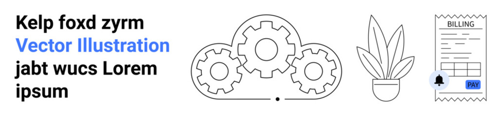 Interconnected gears, abstract potted plant, and receipt visualizing workflow optimization, sustainability, and finance management. Ideal for business, technology, eco-friendly practices, billing