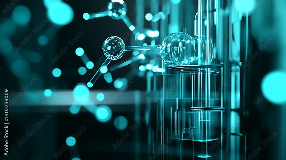Poster abstract representation of molecular structures with glowing particles in a dark, scientific backgro